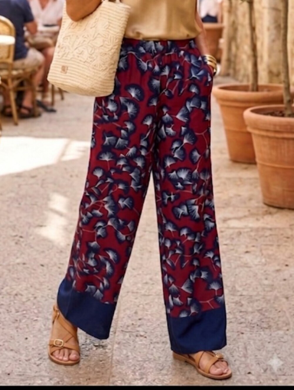Wide-Leg Printed Palazzo Pants  (Sz S Elastic Waist) Garden Coastal Boho Chic